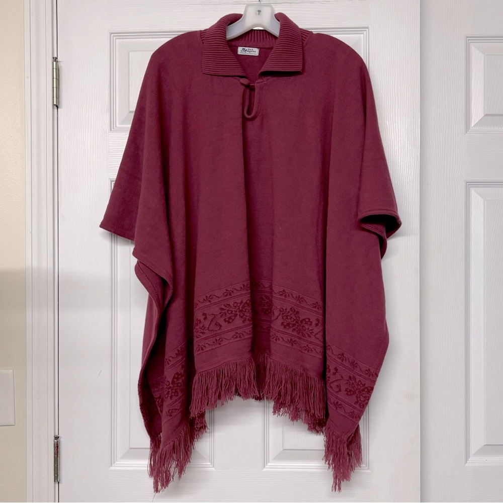 Saks Angora Cape Sweater Poncho Deep Rose Pink Fringe Trim SOFT One Size
